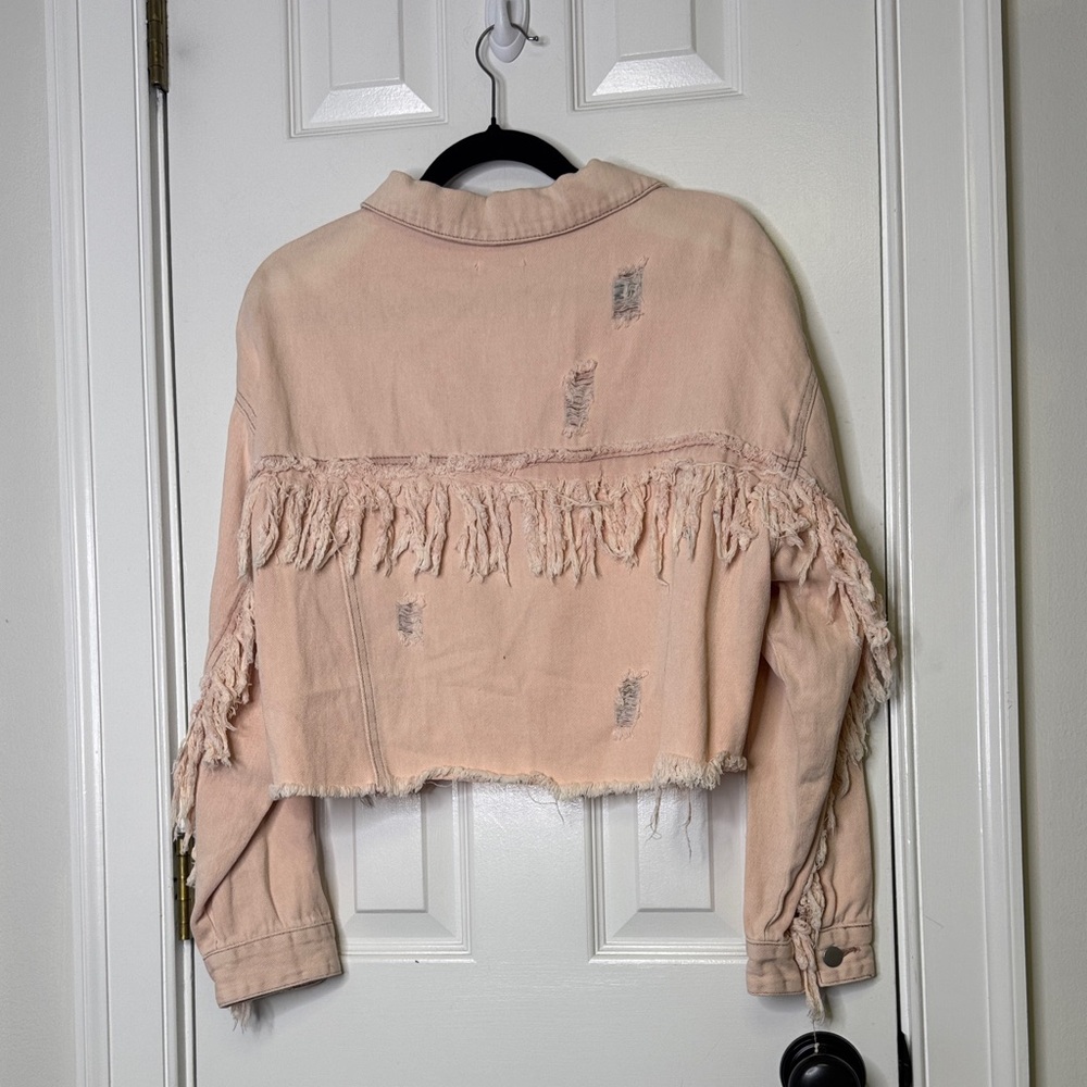 POL Pink Distressed Cropped Denim Jacket Small Frayed Hem Oversized - Picture 4 of 7